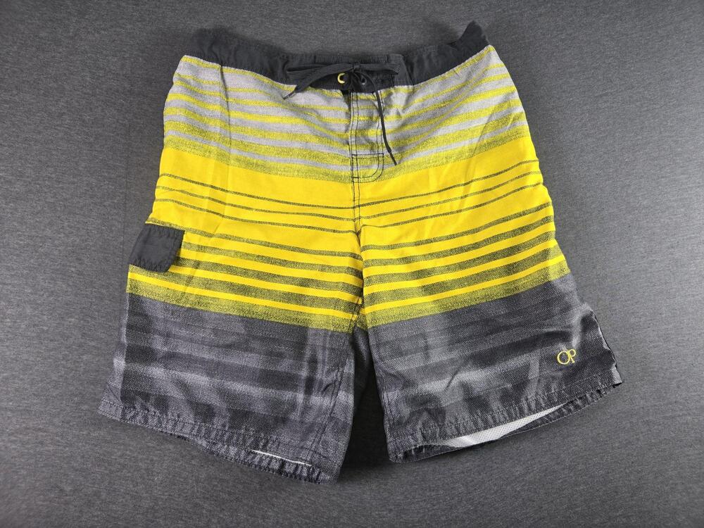 Op Ocean Pacific Shorts Mens Large Yellow Gray Striped Board Swim Trunks Lined